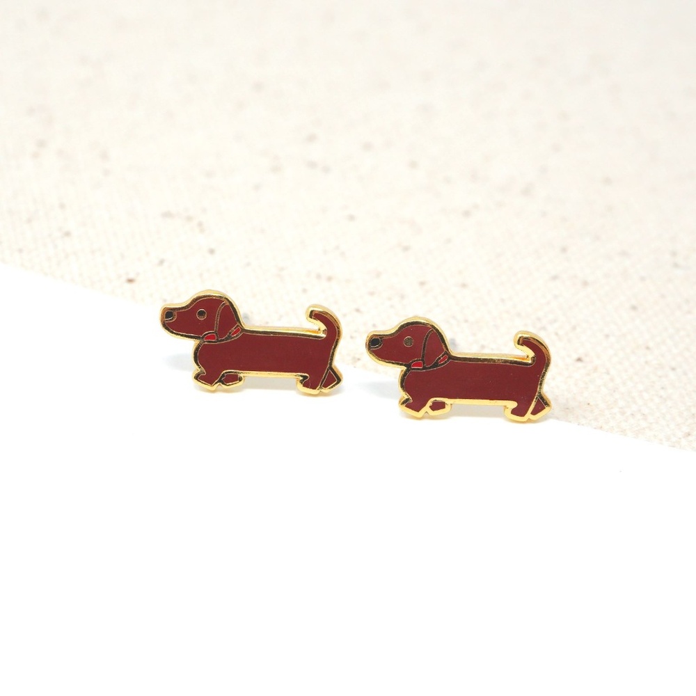 Handcrafted Brown Dachshund Enamel Stud Earrings
